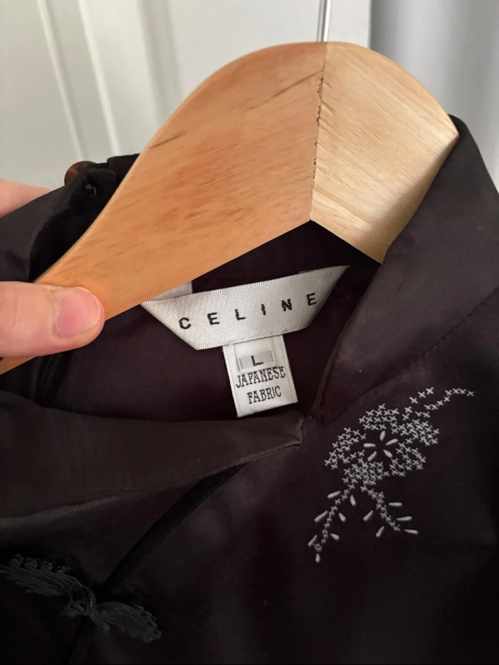 Celine Black Satin Cheongsam Midi Dress with Silver Floral Motifs - Picture 5 of 5